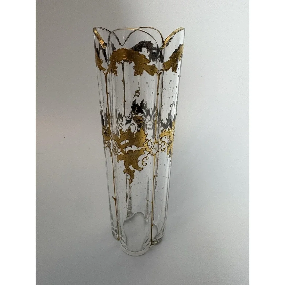 Antique Bohemian Art Glass Vase Raised Gold Gilt Enamel Quatrefoil Bubbles 7 In